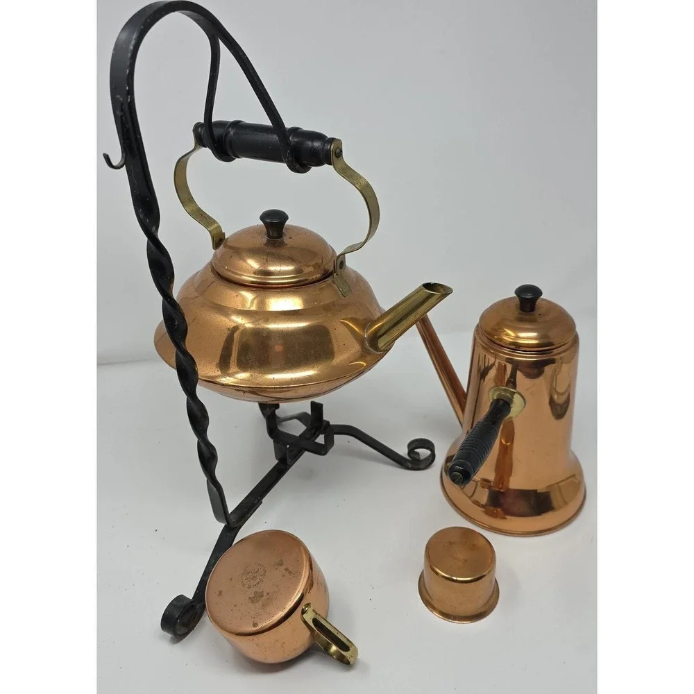 Coppercraft Guild Tea Coffee Set Copper Brass Iron Stand Tray Vintage 6pc Set
